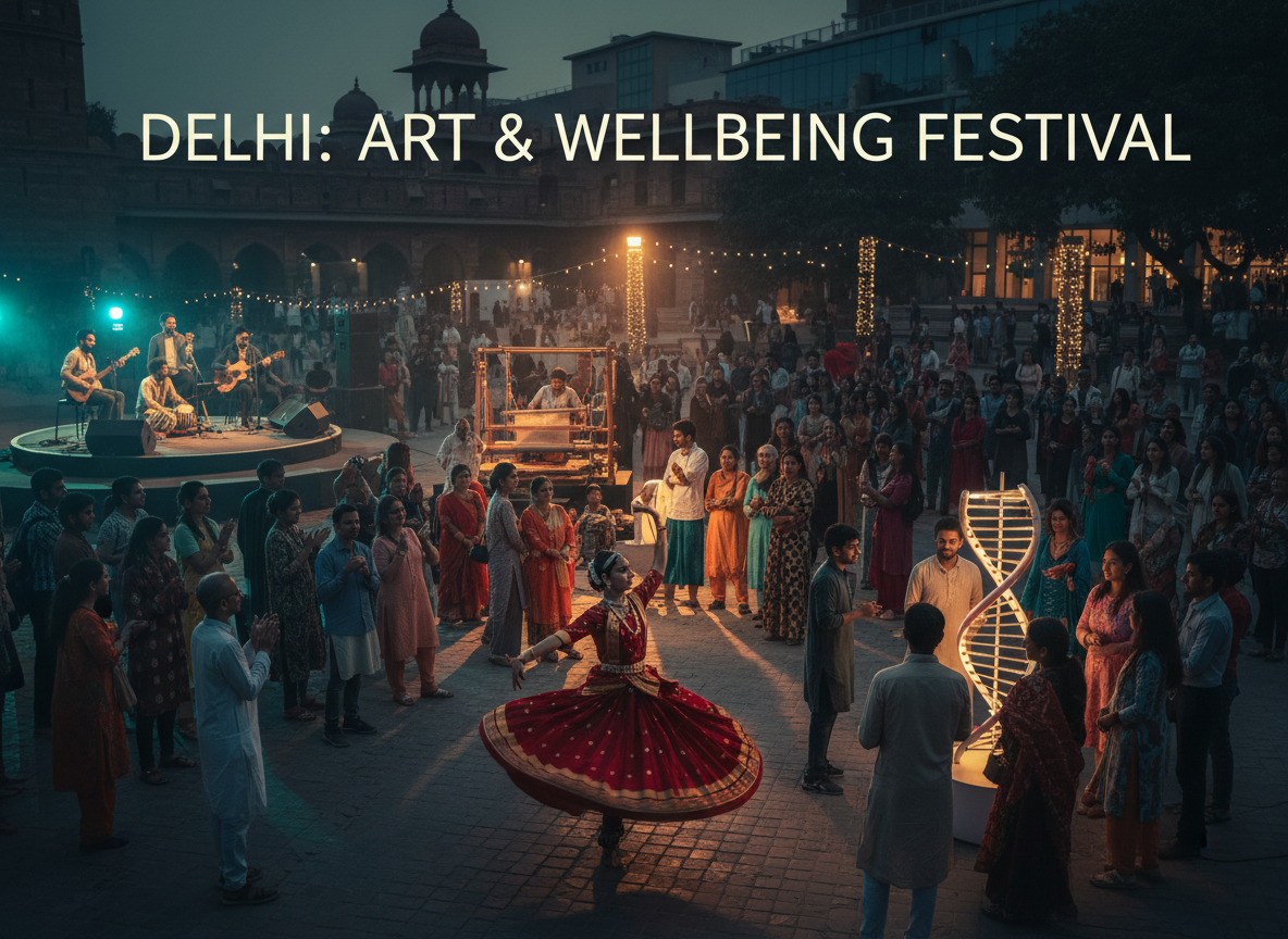 A vibrant Delhi arts and health festival scene with dancers, musicians, craftspeople and a diverse crowd gathered together in a public space